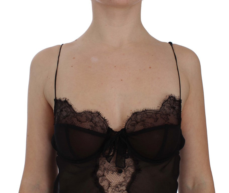 Elegant Black Silk Lace Lingerie Chemise - ventzia