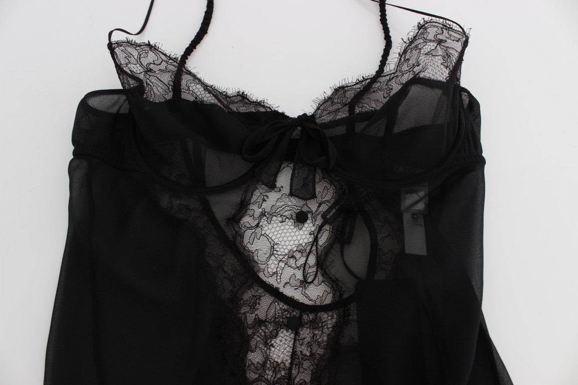 Elegant Black Silk Lace Lingerie Chemise - ventzia