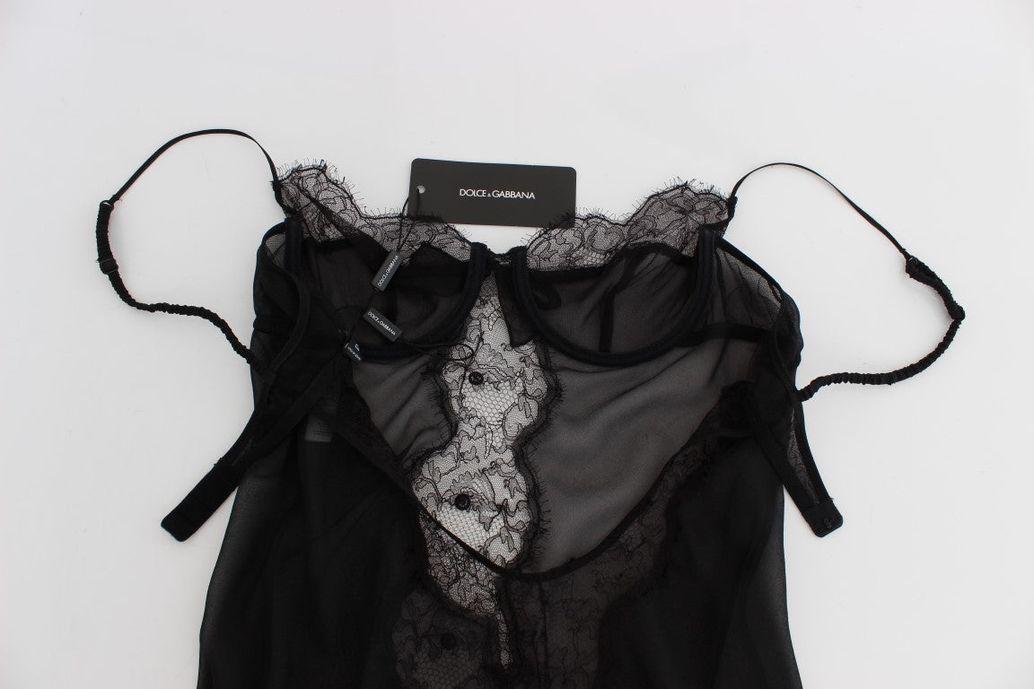 Elegant Black Silk Lace Lingerie Chemise - ventzia