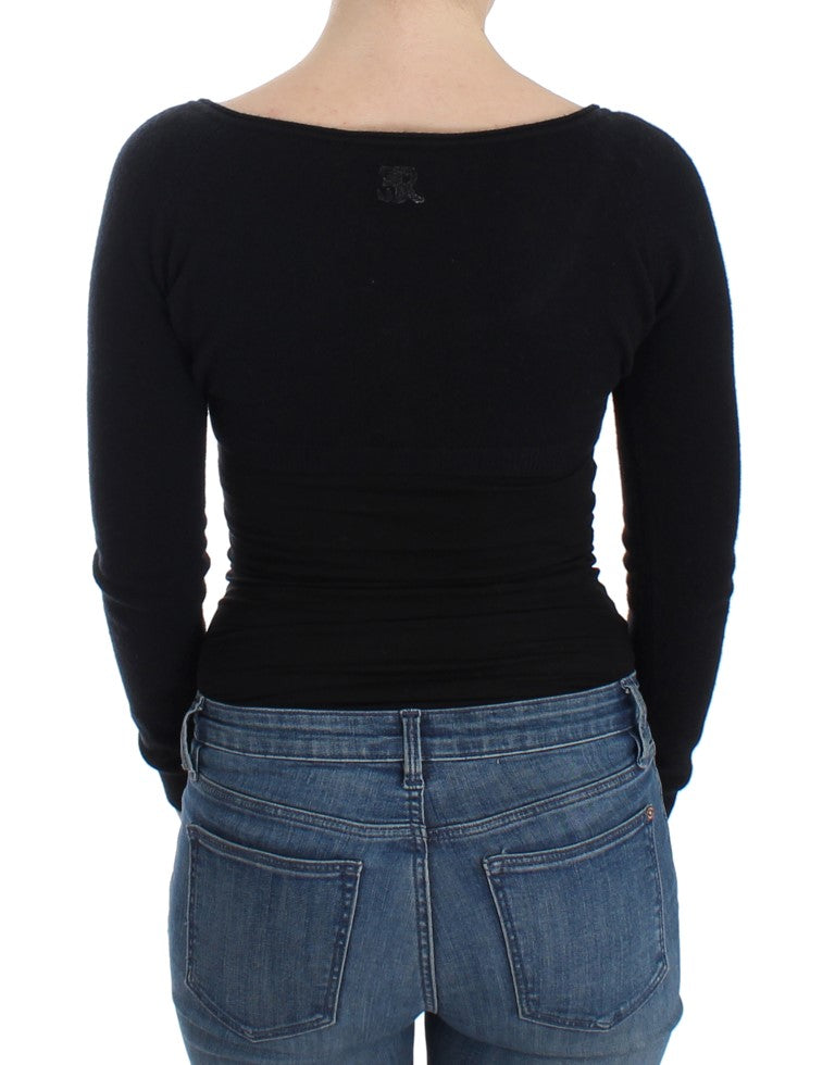 Chic Cropped Black Wool-Cashmere Sweater - ventzia