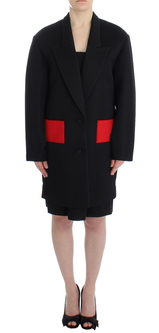 Elegant Draped Long Coat in Black with Red Accents - ventzia