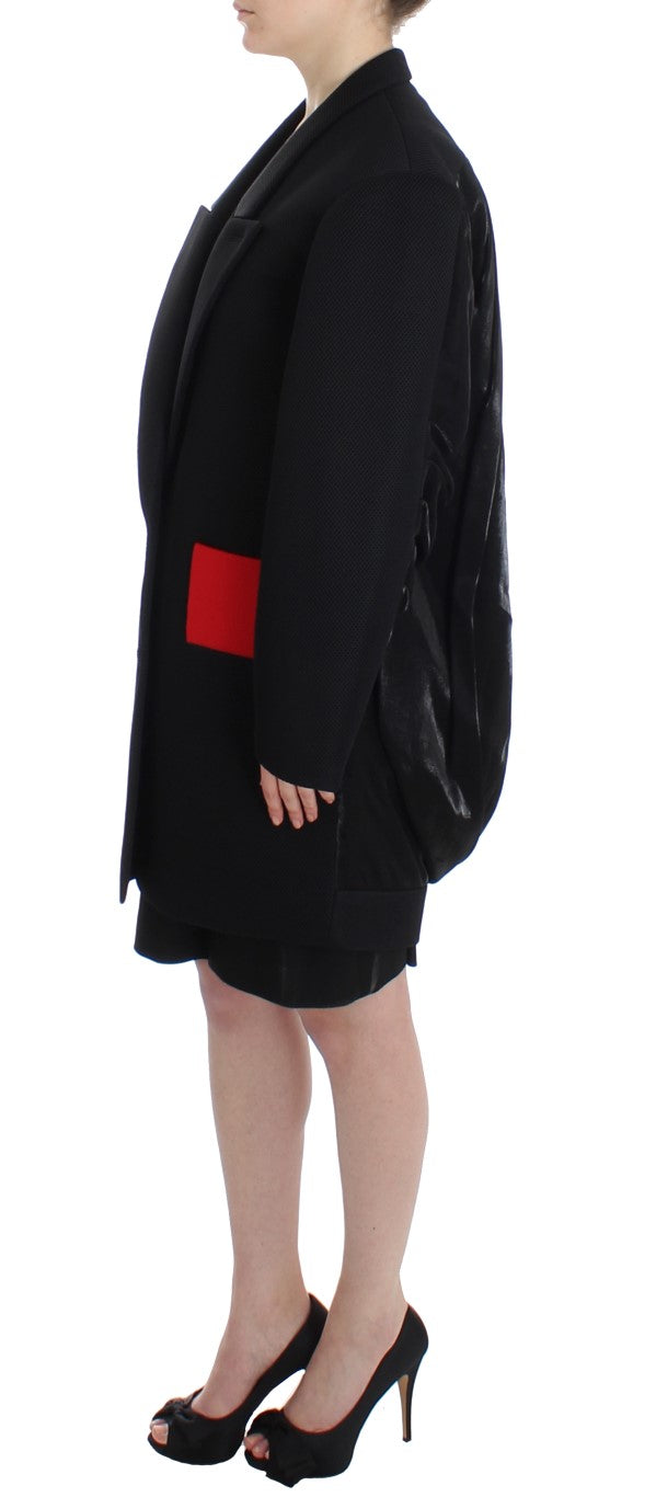 Elegant Draped Long Coat in Black with Red Accents - ventzia