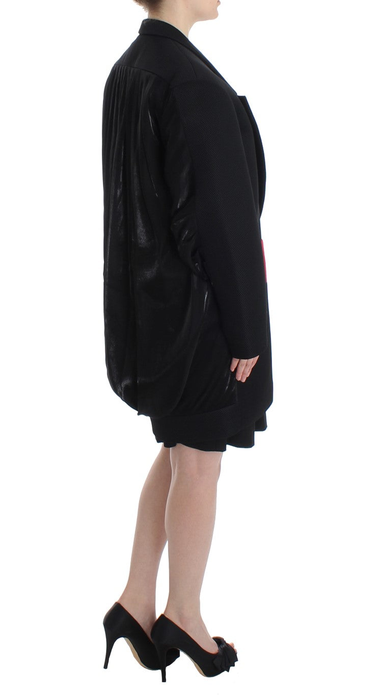 Elegant Draped Long Coat in Black with Red Accents - ventzia
