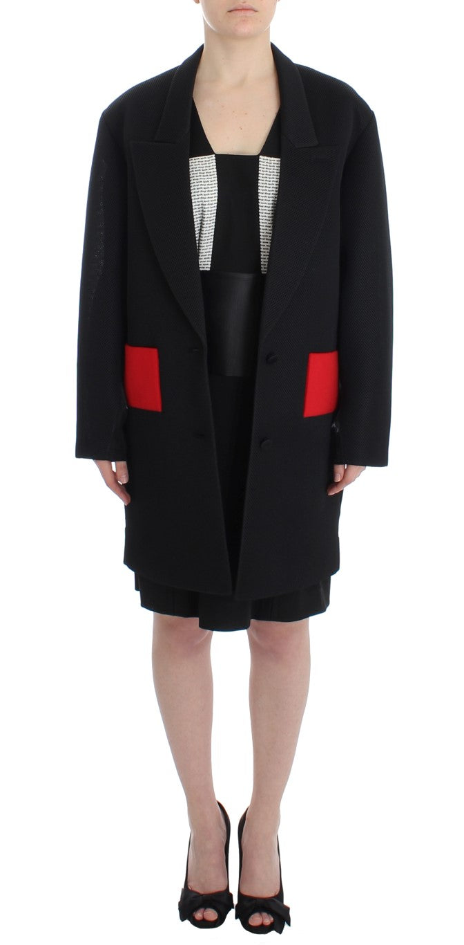 Elegant Draped Long Coat in Black with Red Accents - ventzia