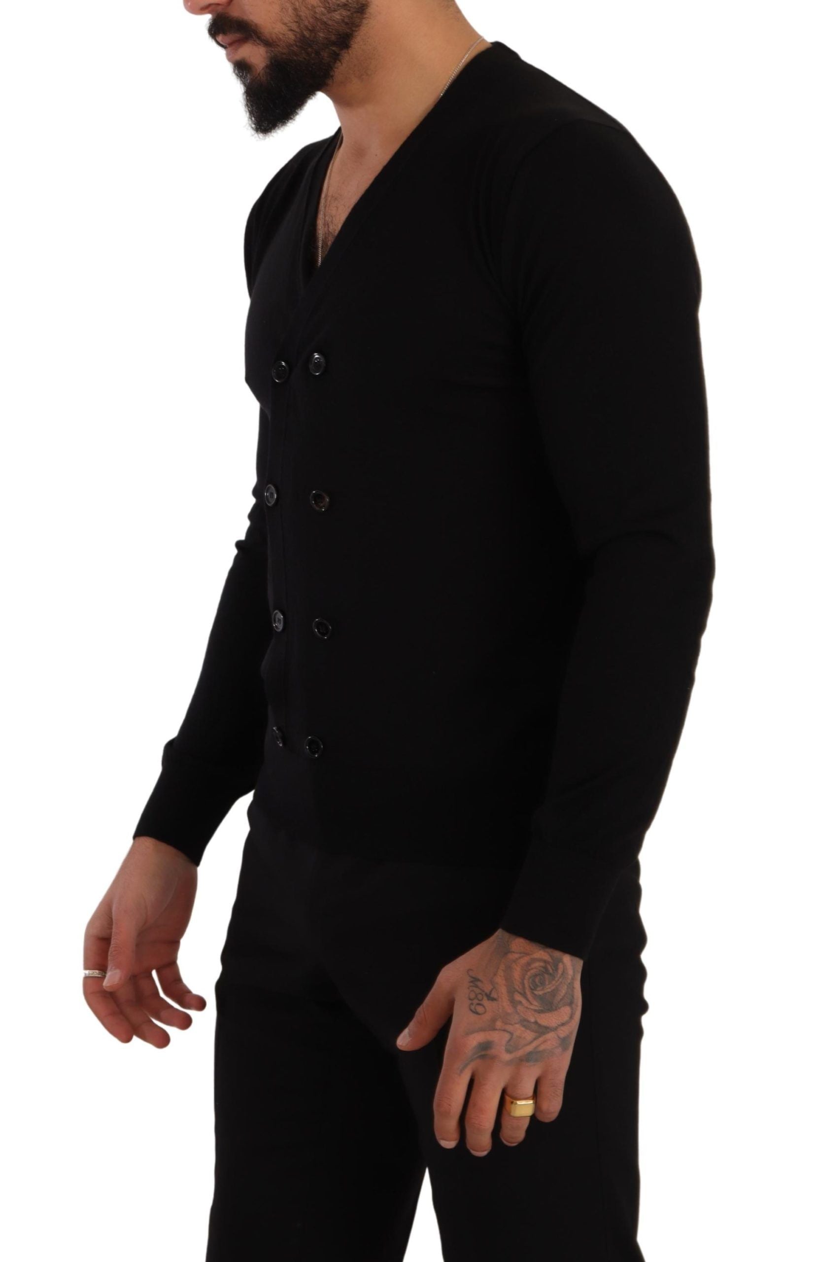Elegant V-Neck Black Cashmere Cardigan - ventzia