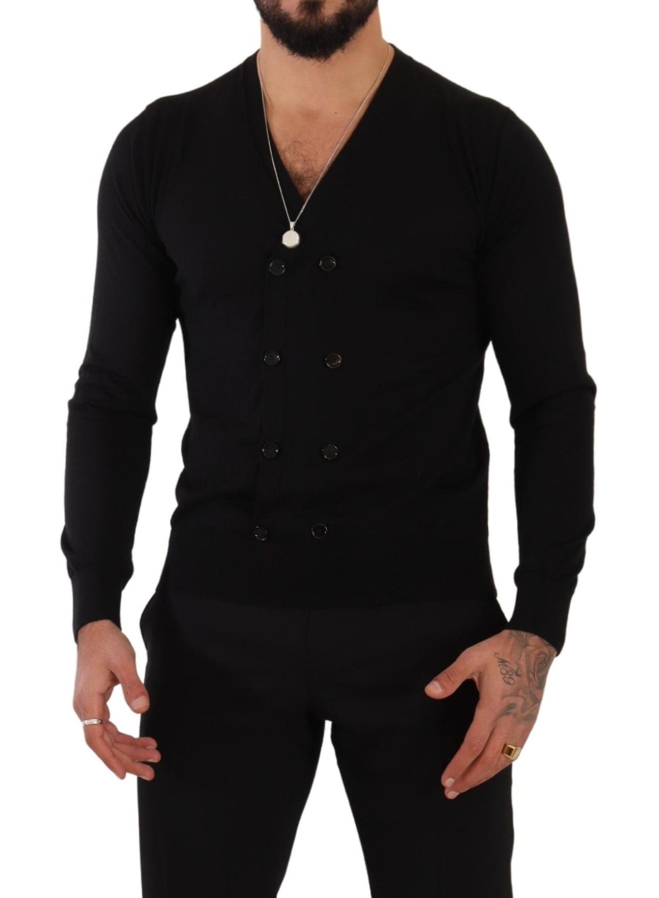 Elegant V-Neck Black Cashmere Cardigan - ventzia