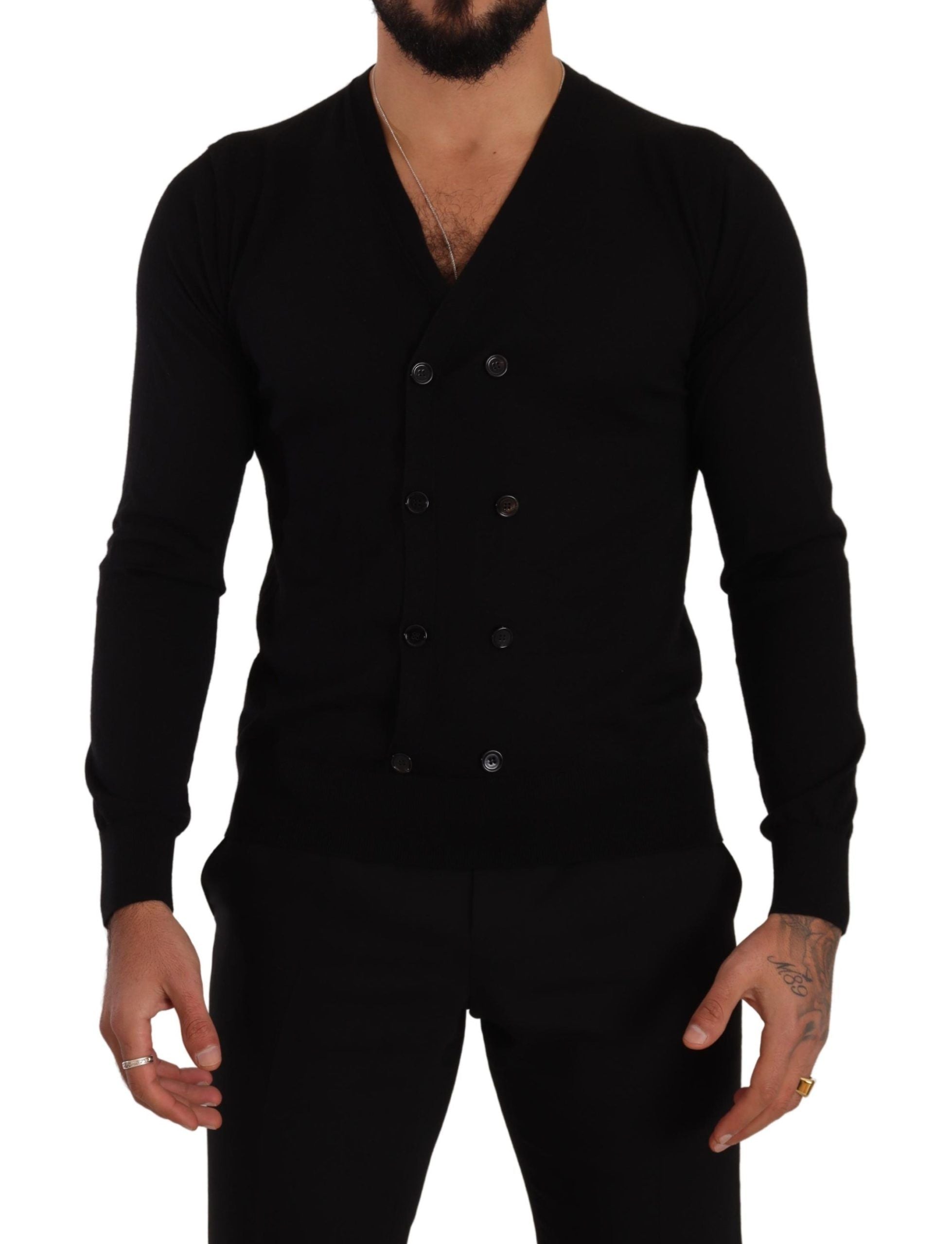 Elegant V-Neck Black Cashmere Cardigan - ventzia