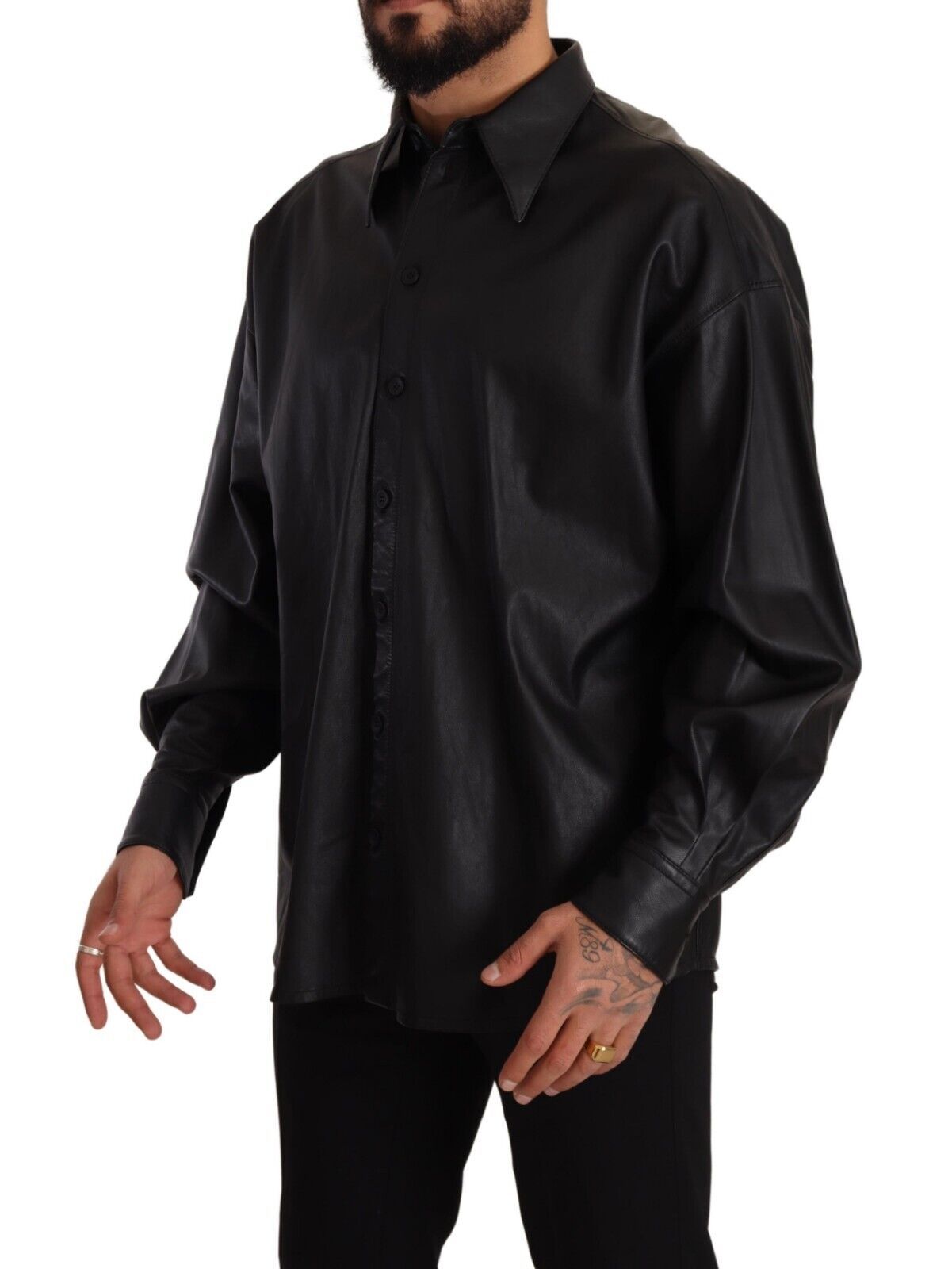 Black Leather Button Down Men Collared Jacket - ventzia