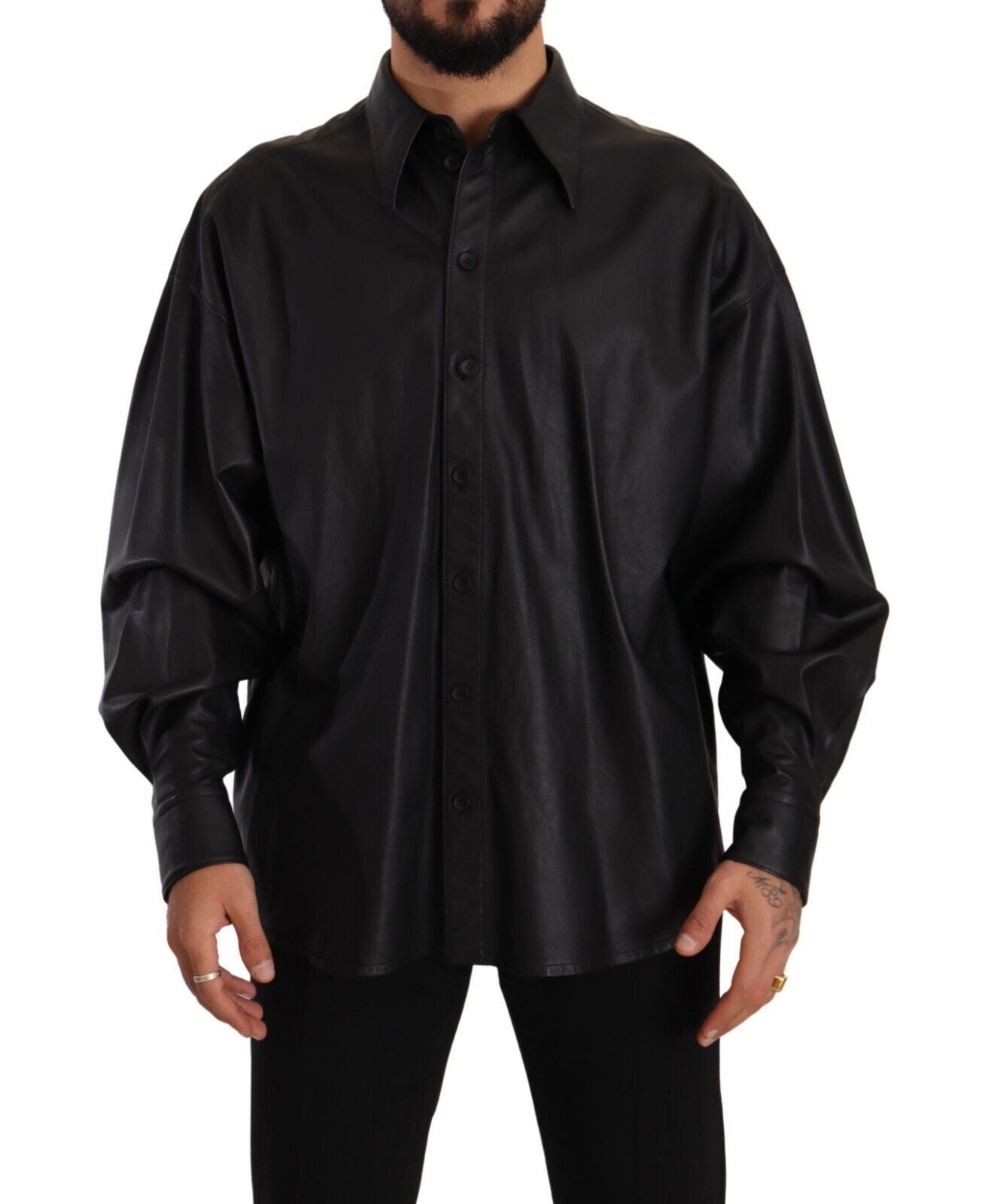 Black Leather Button Down Men Collared Jacket - ventzia