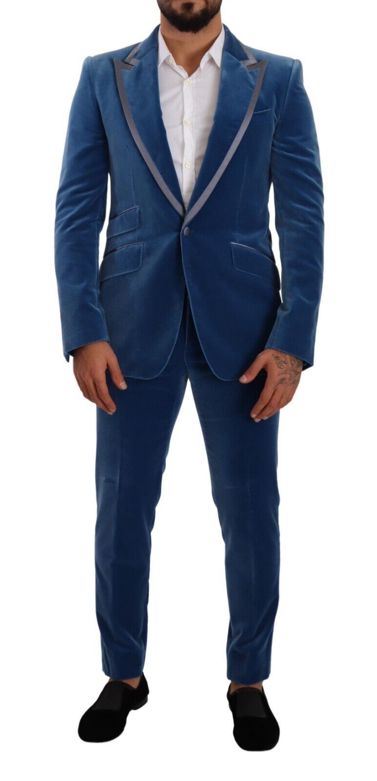 Blue SICILIA Velvet Slim Fit 2 Piece Suit - ventzia