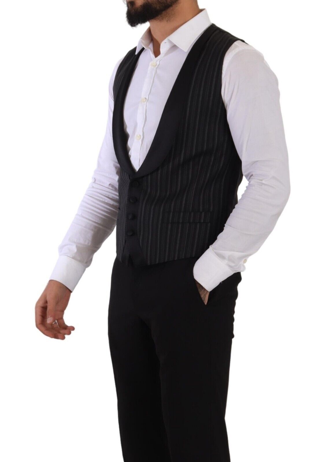 Black Striped Wool Silk Waistcoat Vest - ventzia
