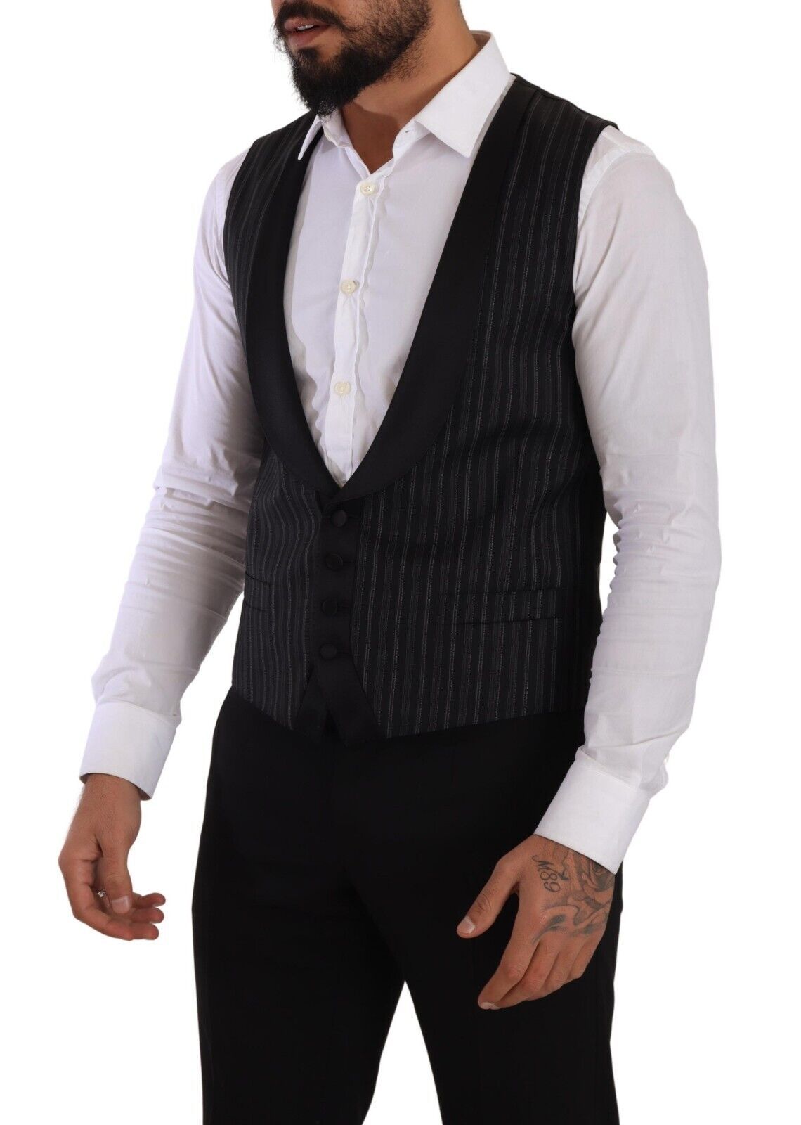 Black Striped Wool Silk Waistcoat Vest - ventzia