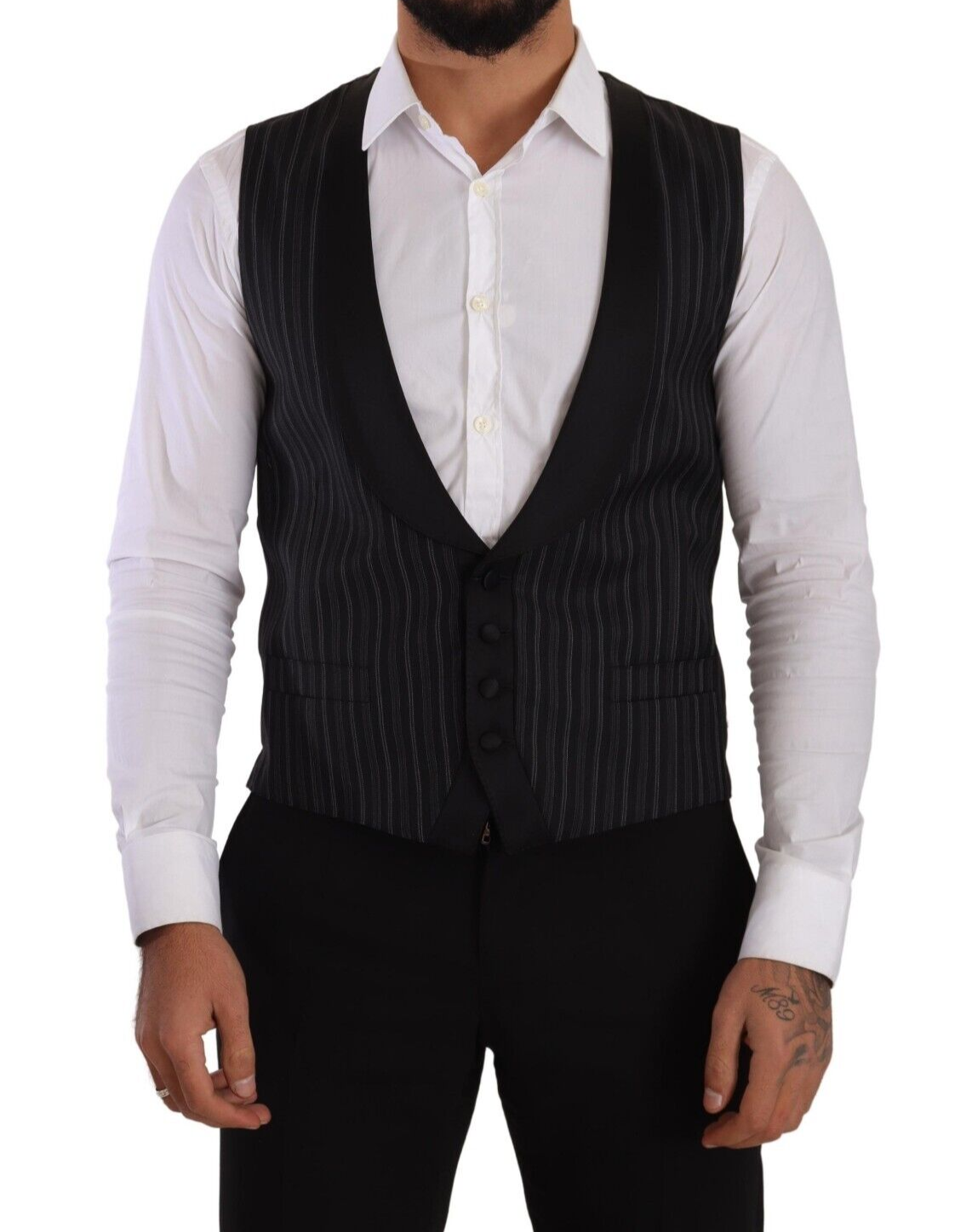 Black Striped Wool Silk Waistcoat Vest - ventzia