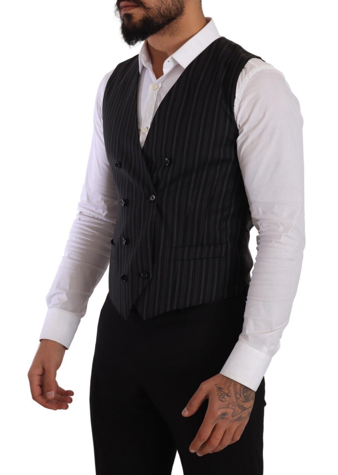 Gray Striped Double Breasted Waistcoat Vest - ventzia