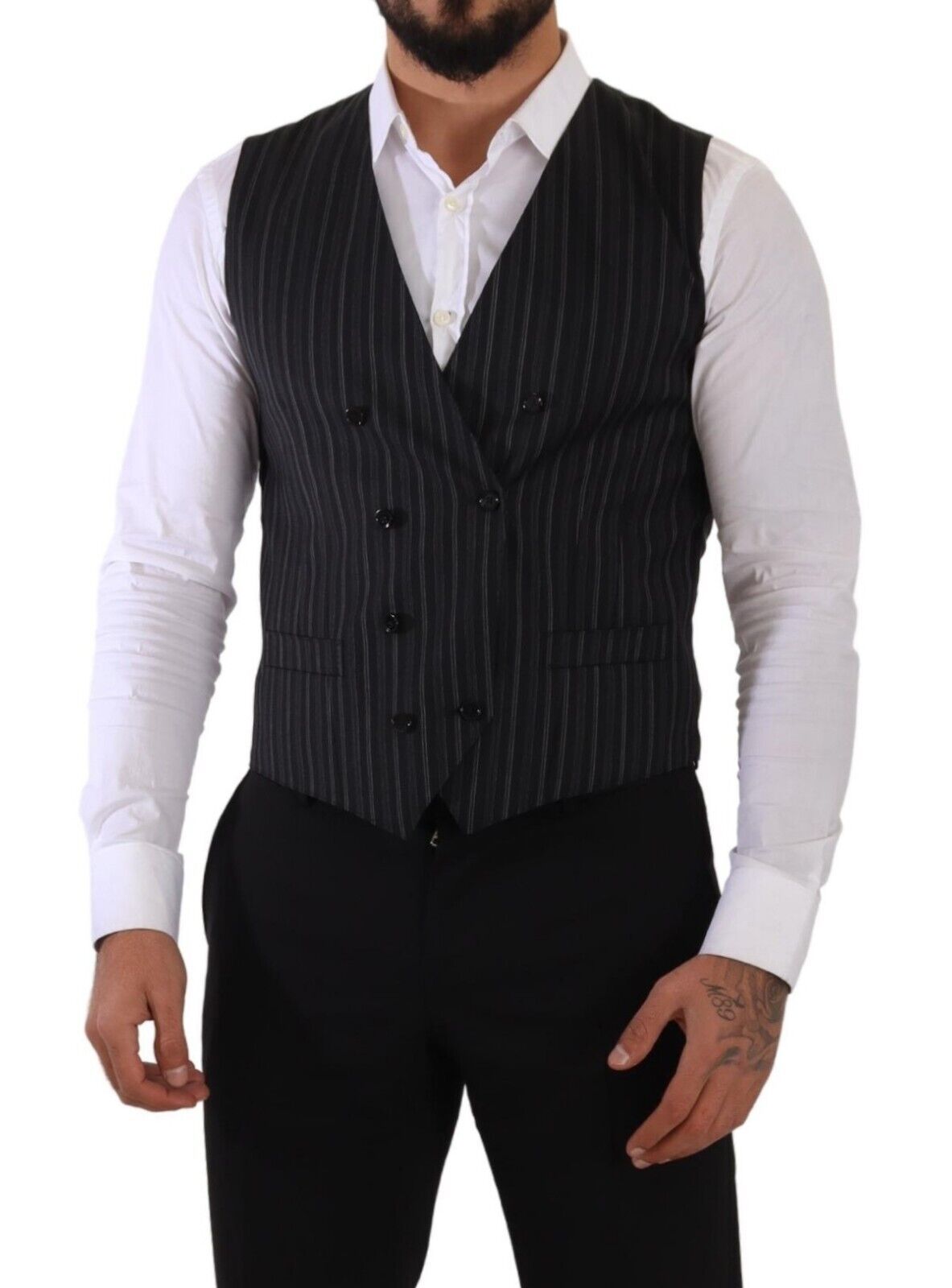 Gray Striped Double Breasted Waistcoat Vest - ventzia