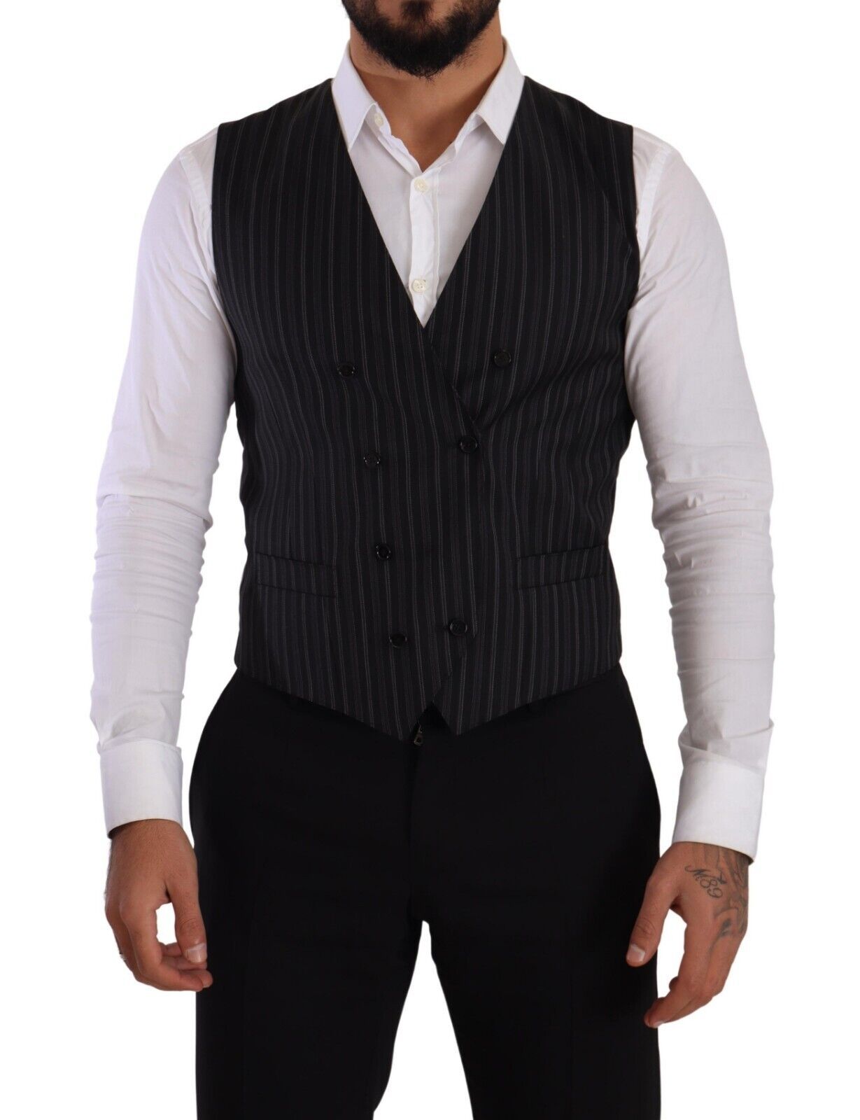 Gray Striped Double Breasted Waistcoat Vest - ventzia