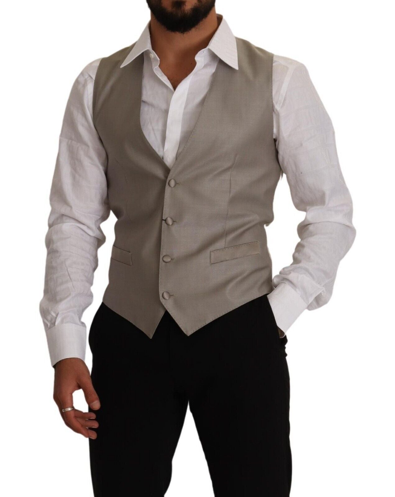 Beige Wool Single Breasted Waistcoat Vest - ventzia