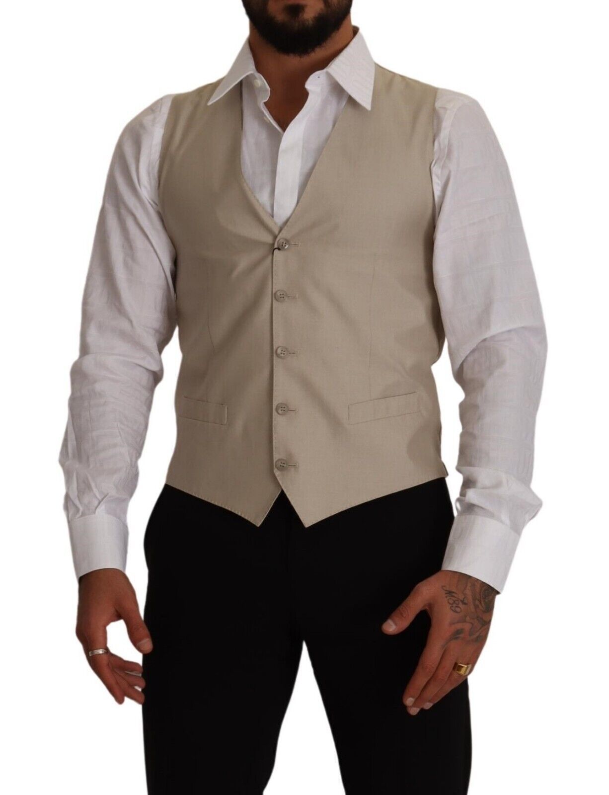 Beige Cotton Silk Slim Fit Waistcoat Vest - ventzia