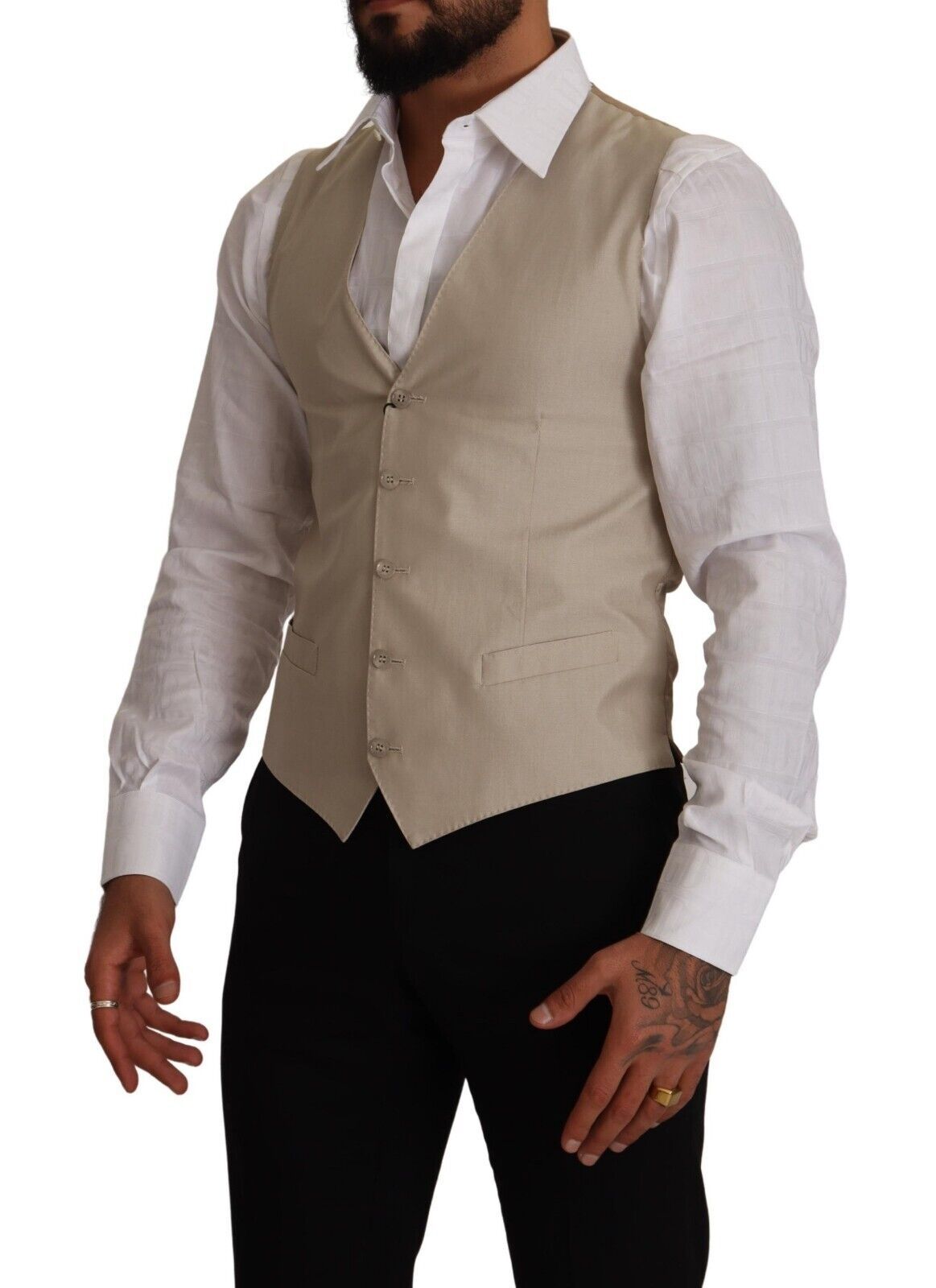 Beige Cotton Silk Slim Fit Waistcoat Vest - ventzia