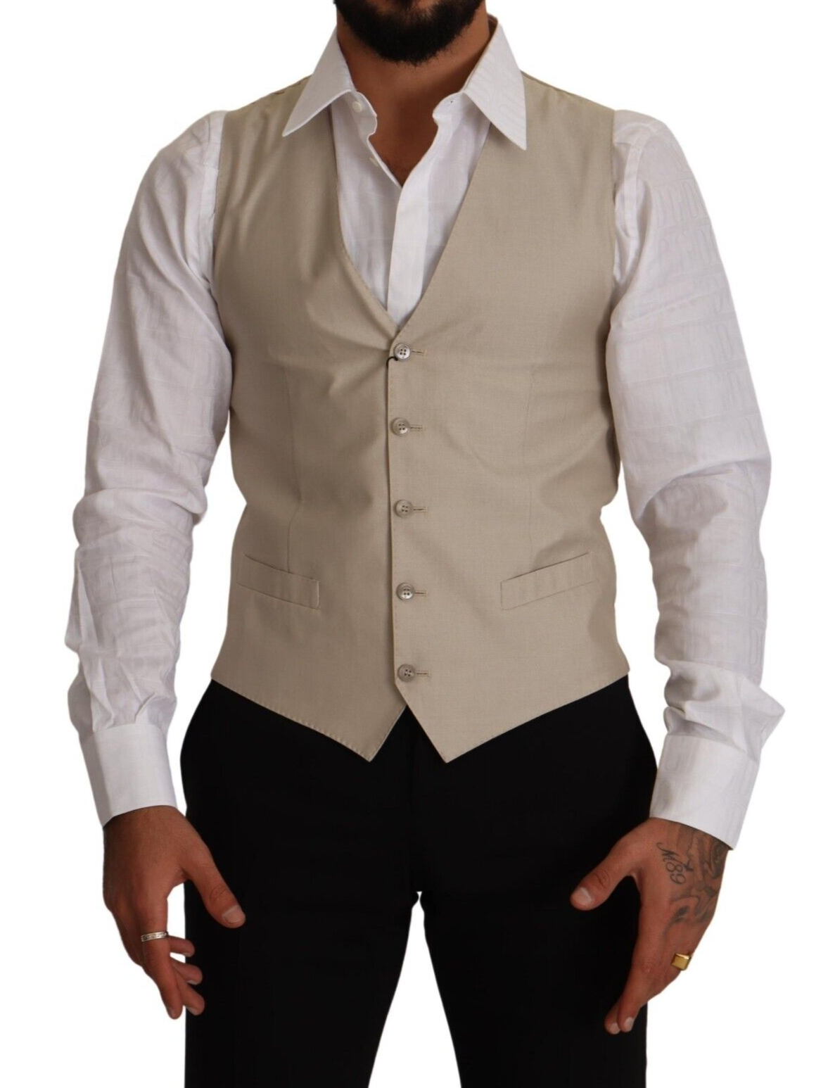 Beige Cotton Silk Slim Fit Waistcoat Vest - ventzia