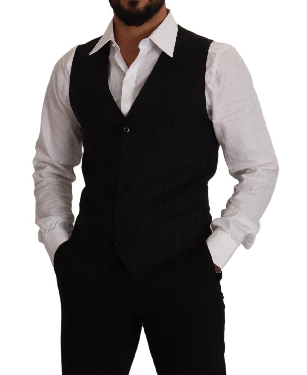 Blue Striped Wool Stretch Waistcoat Vest - ventzia