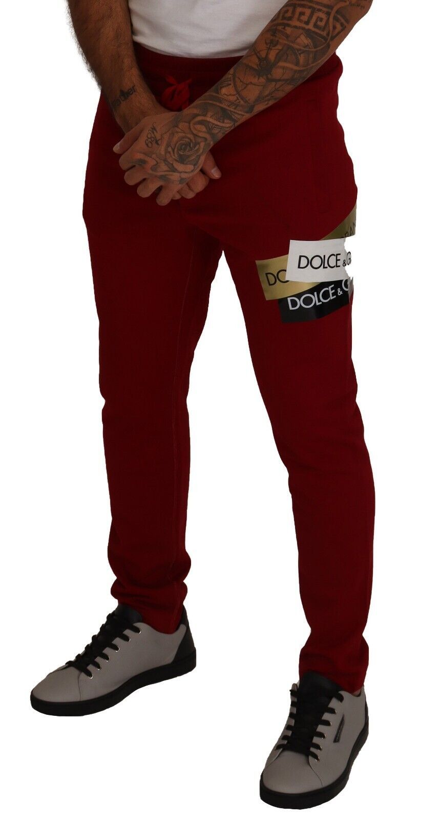 Red Cotton Logo Patch Sweatpants Jogging Pants - ventzia