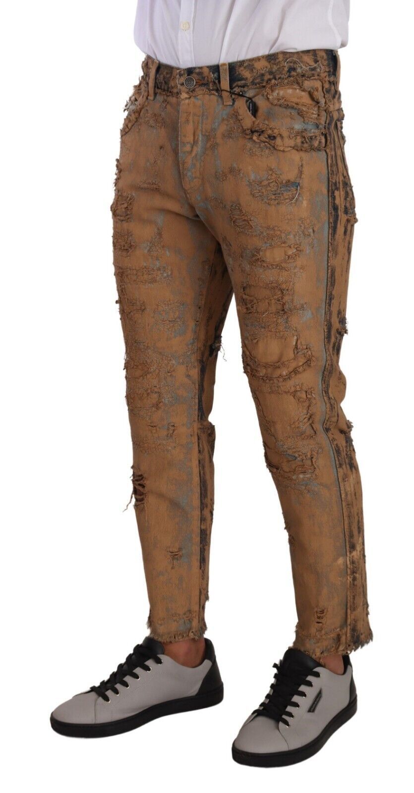 Brown Distressed Cotton Regular Denim Jeans - ventzia