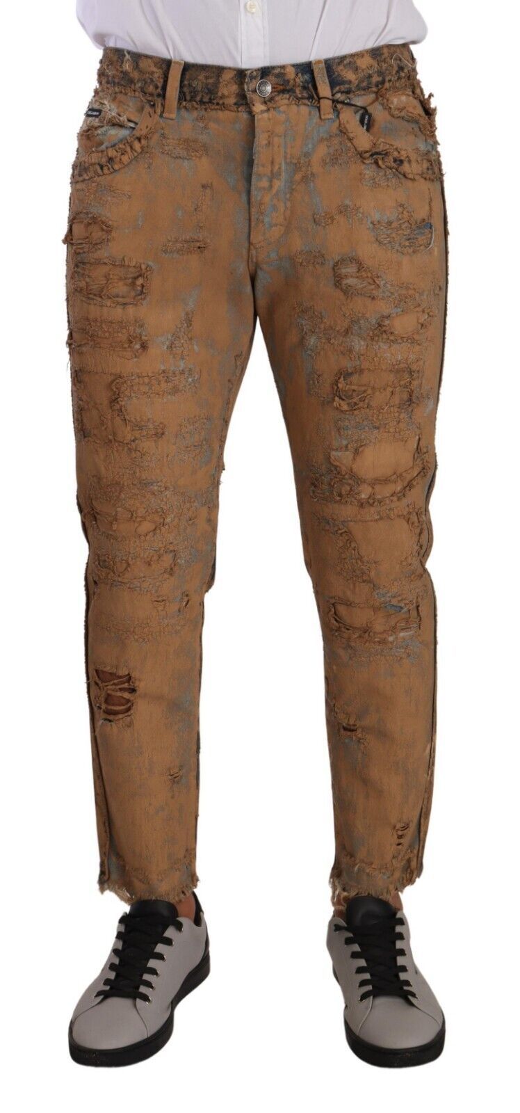 Brown Distressed Cotton Regular Denim Jeans - ventzia