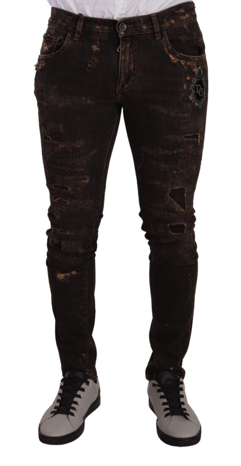 Brown Distressed Slim Fit Skinny Denim Jeans - ventzia