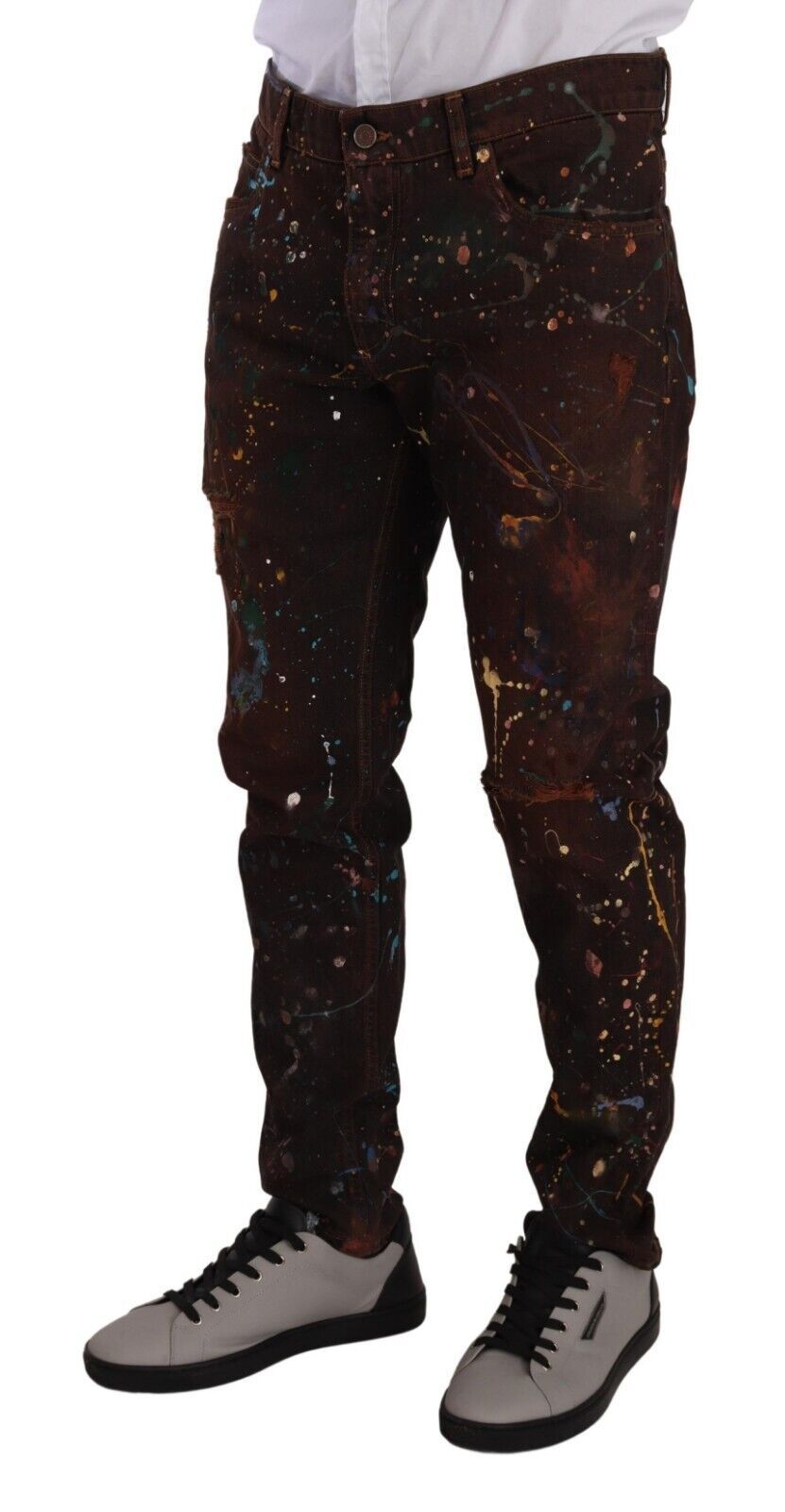 Brown Splash Color Cotton Regular Denim Jeans - ventzia