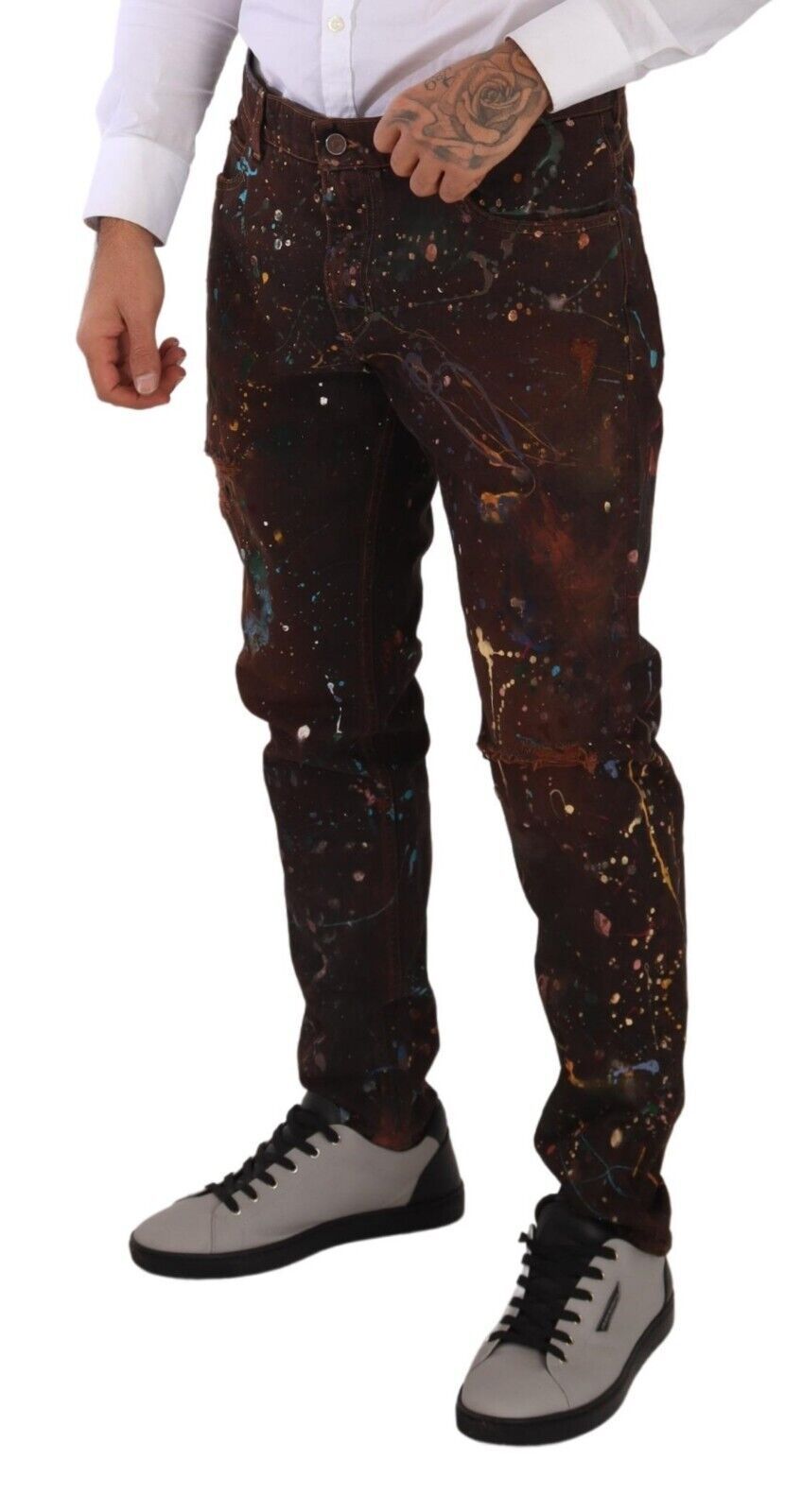 Brown Splash Color Cotton Regular Denim Jeans - ventzia