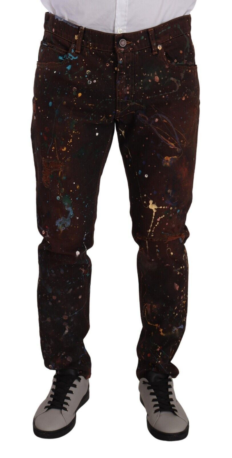 Brown Splash Color Cotton Regular Denim Jeans - ventzia