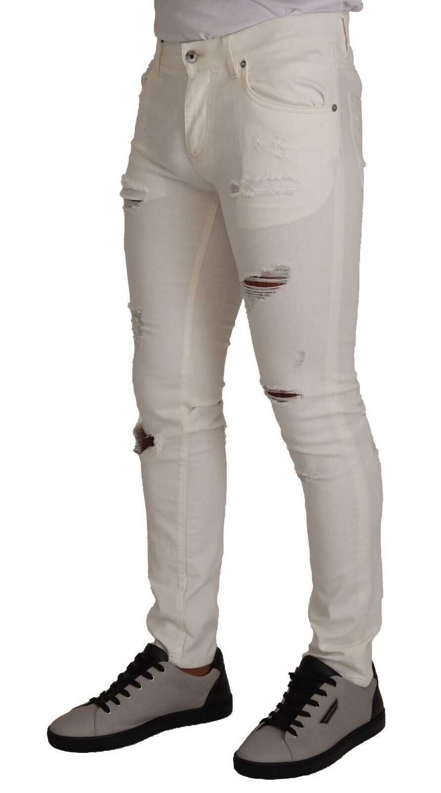 White Tattered Skinny Cotton Men Denim Jeans - ventzia