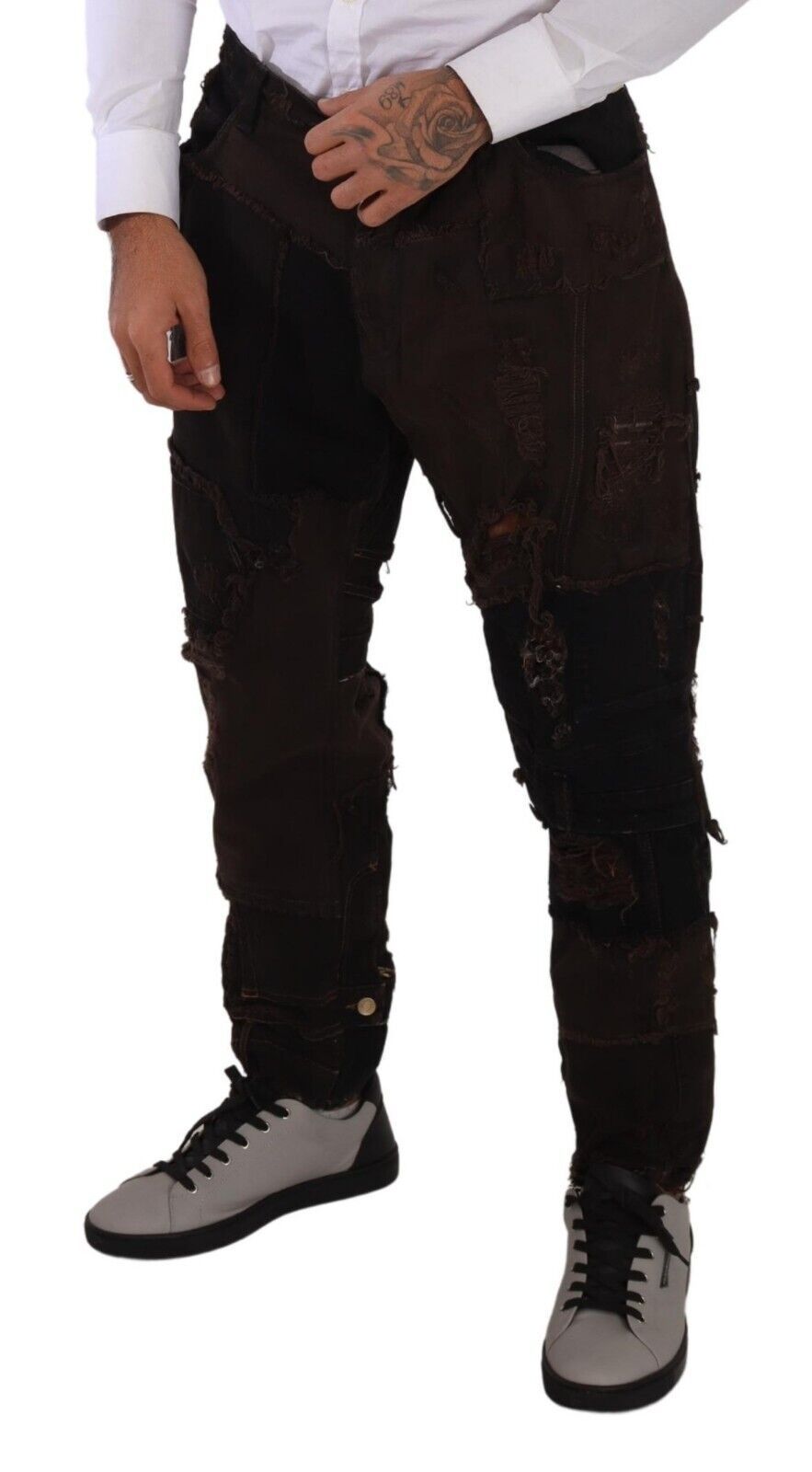 Brown Cotton Distressed Regular Denim Jeans - ventzia
