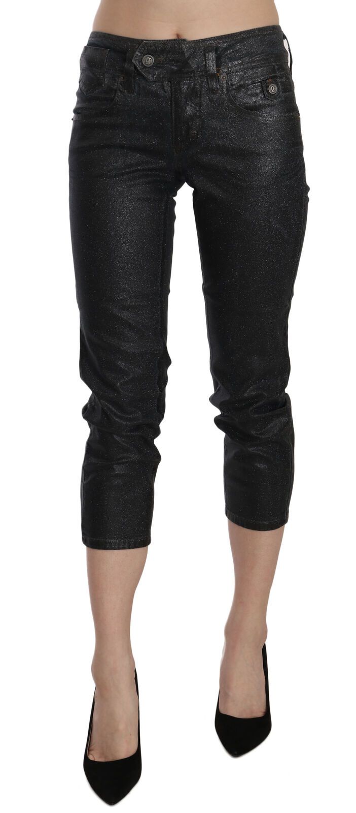 Black Washed Mid Waist Slim Leg Cropped Denim Pants - ventzia