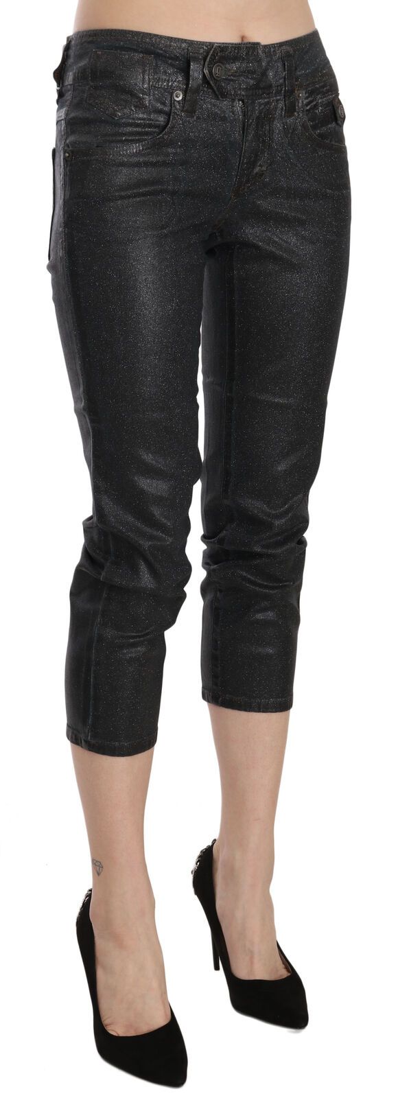 Black Washed Mid Waist Slim Leg Cropped Denim Pants - ventzia