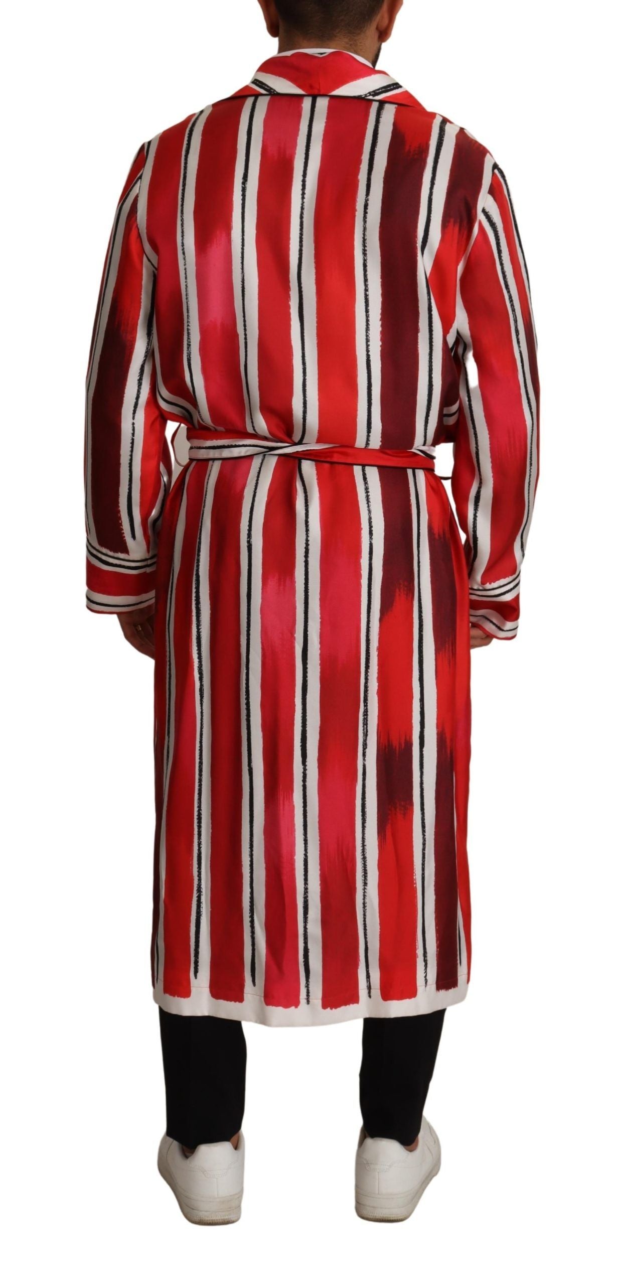 Red White Striped Silk Mens Night Gown Robe - ventzia