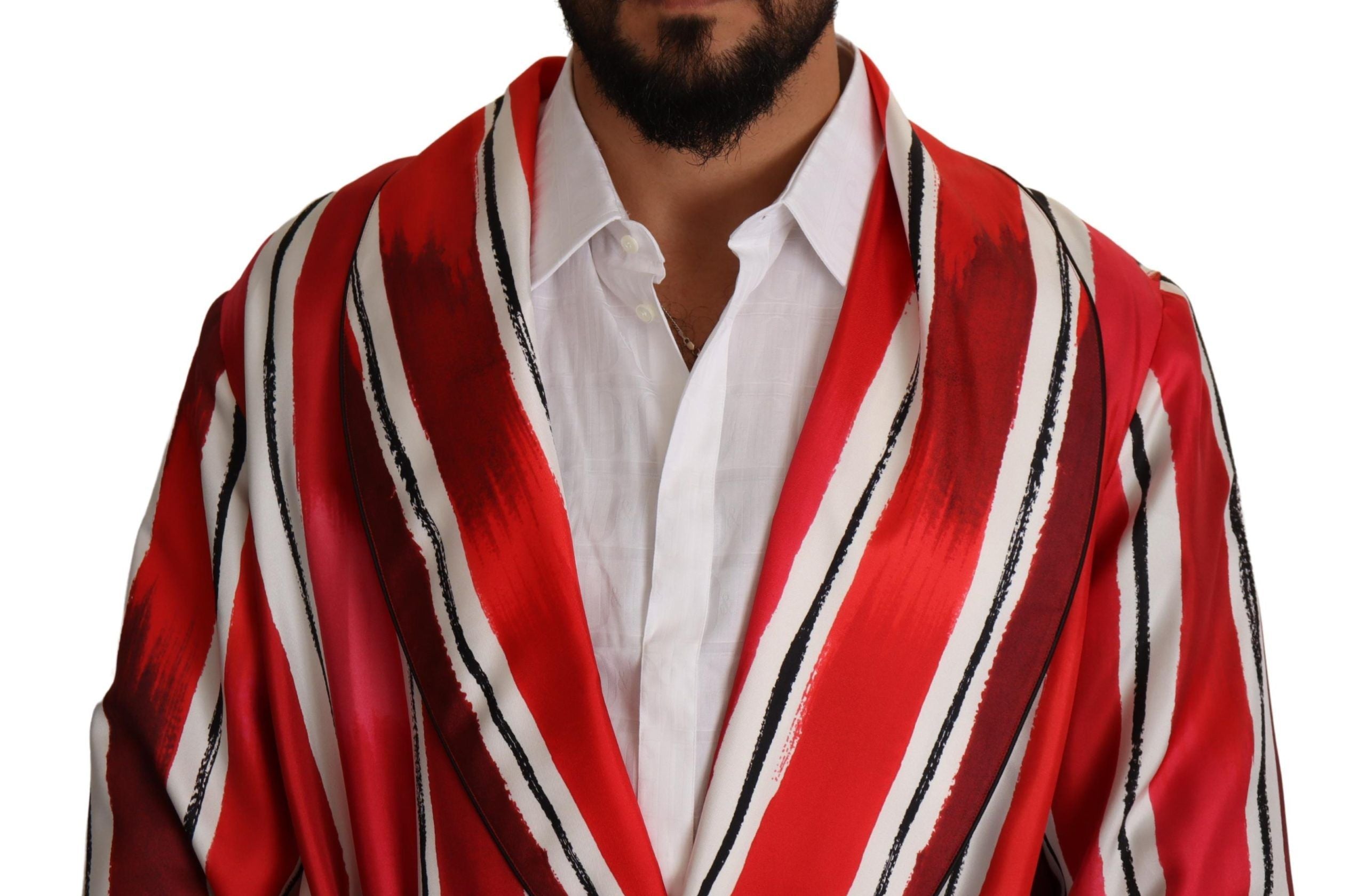Red White Striped Silk Mens Night Gown Robe - ventzia