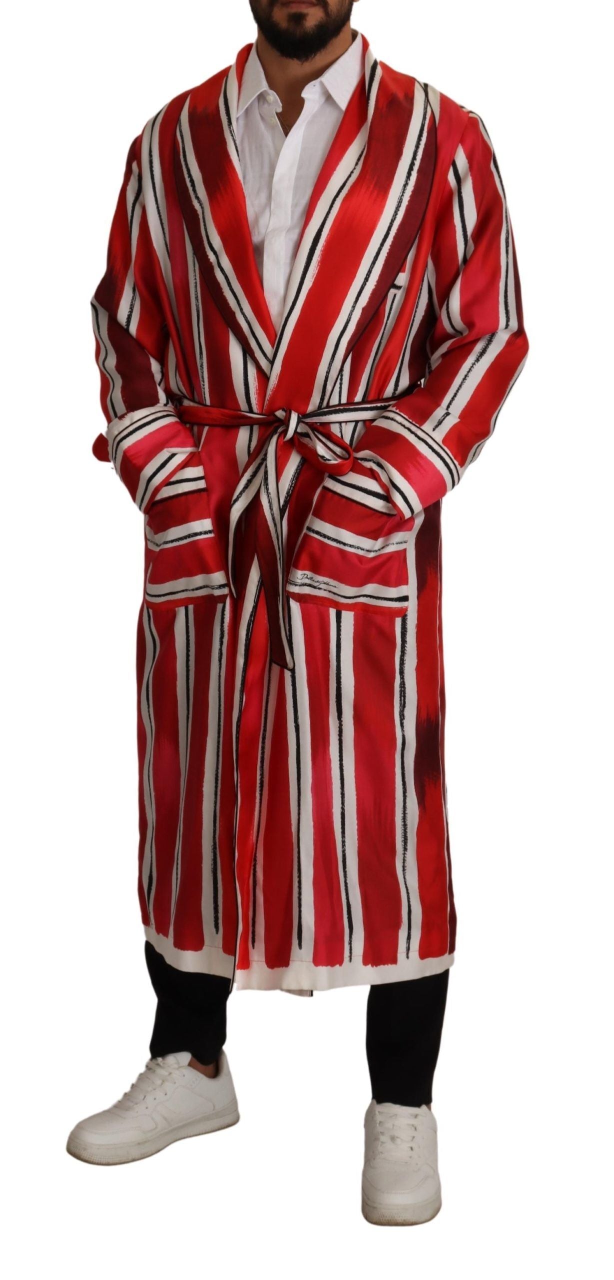 Red White Striped Silk Mens Night Gown Robe - ventzia