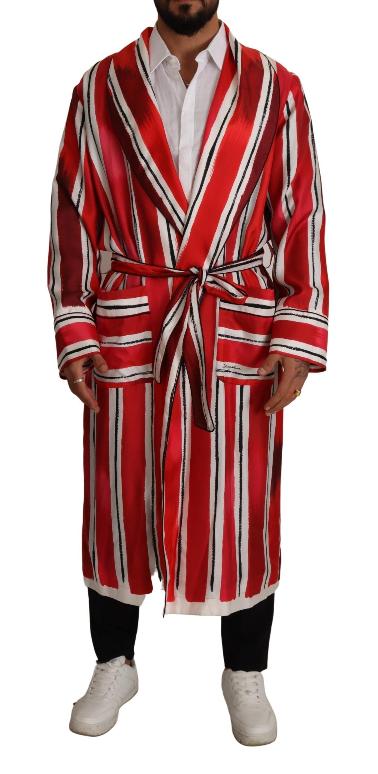 Red White Striped Silk Mens Night Gown Robe - ventzia
