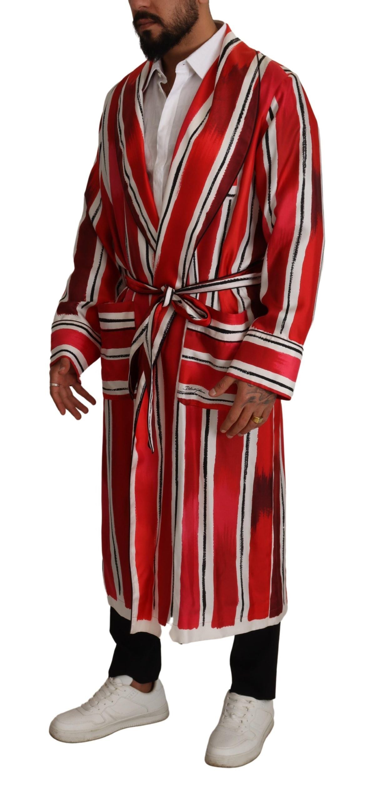 Red White Striped Silk Mens Night Gown Robe - ventzia