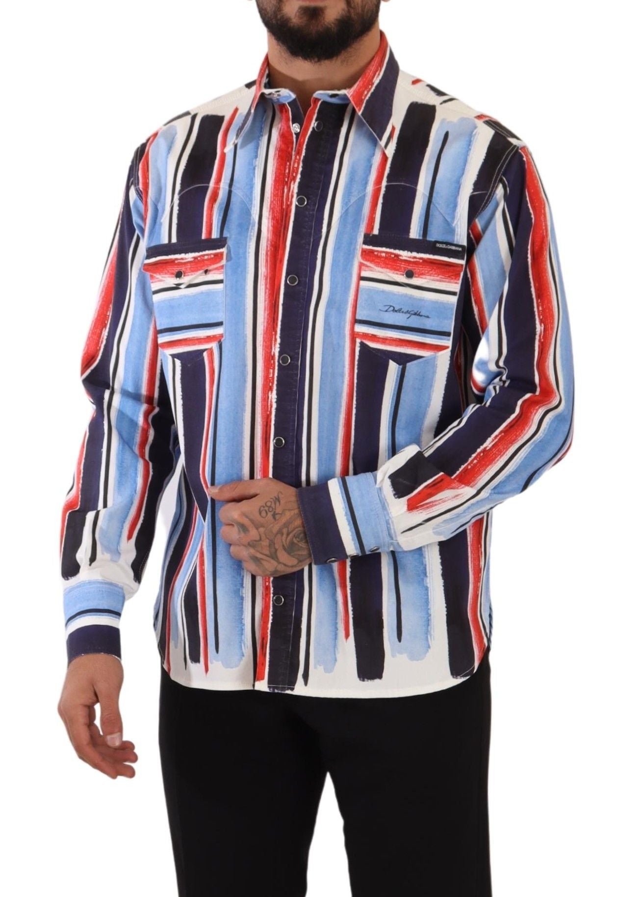 Red Striped Long Sleeve Cotton Shirt Blue - ventzia