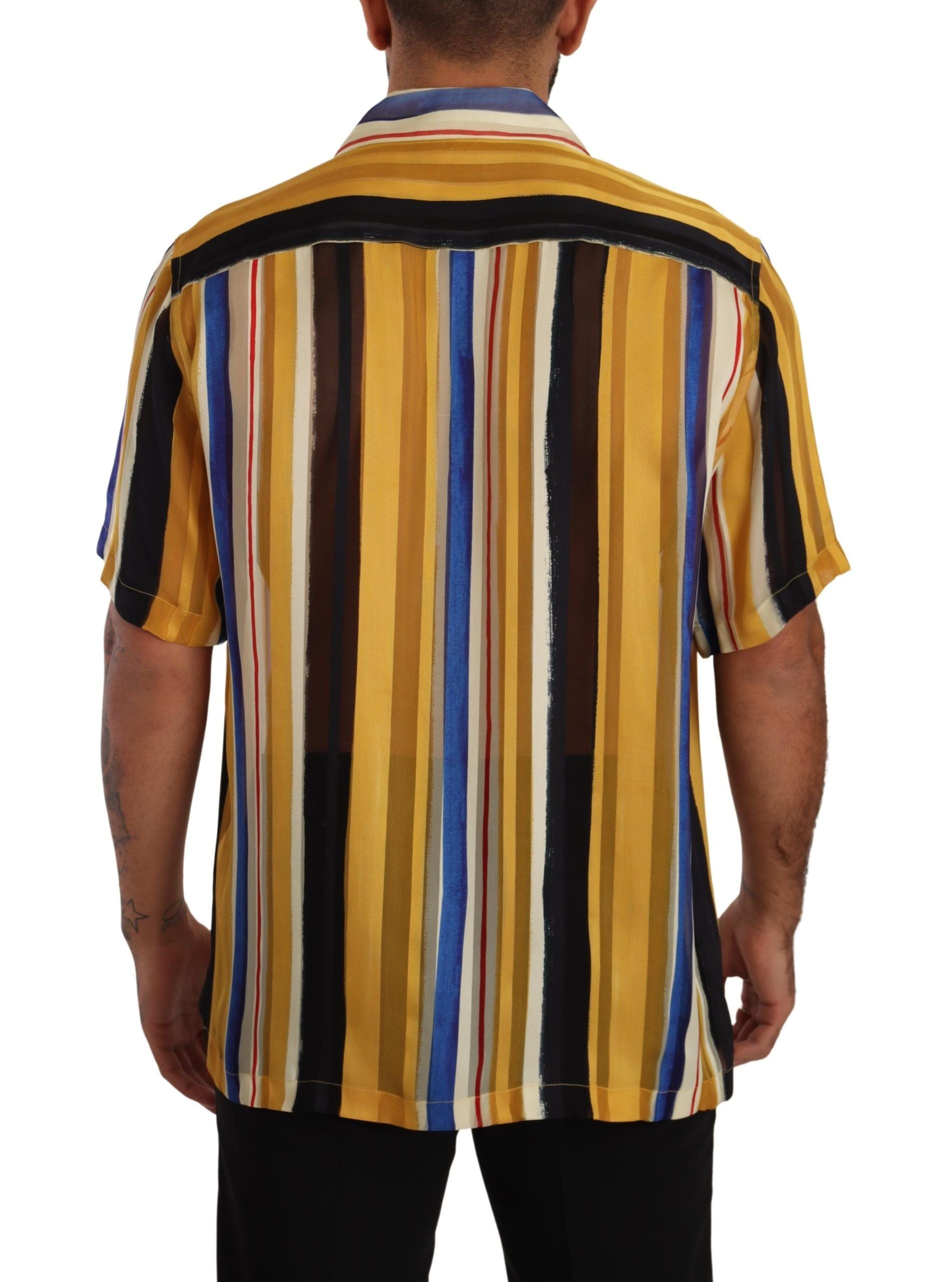 Yellow Striped Short Sleeve Silk Shirt - ventzia