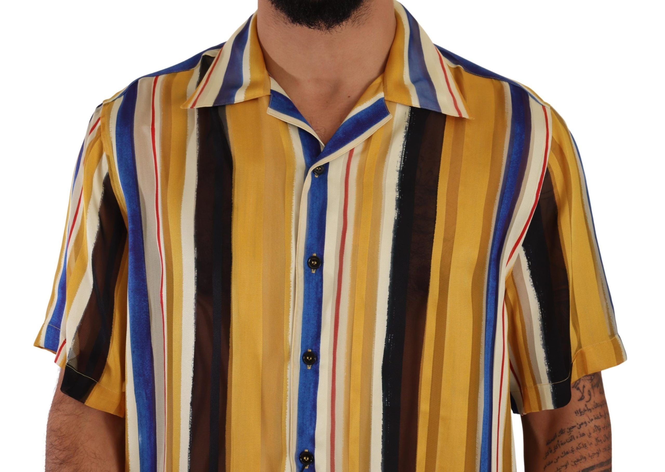 Yellow Striped Short Sleeve Silk Shirt - ventzia