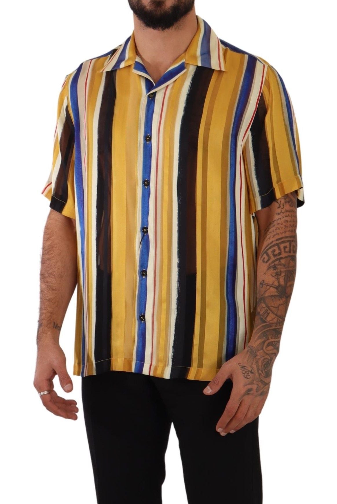 Yellow Striped Short Sleeve Silk Shirt - ventzia