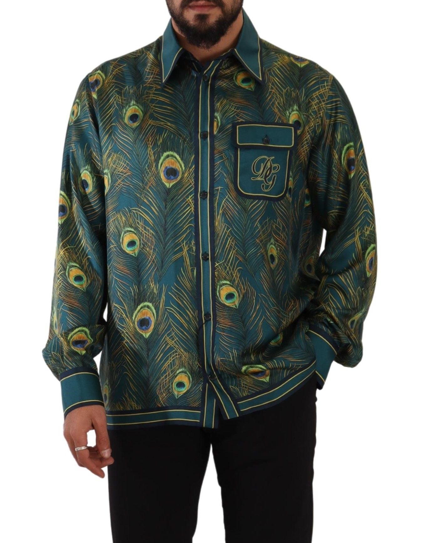 Peacock Feather Print Silk Pajama Mens Shirt - ventzia