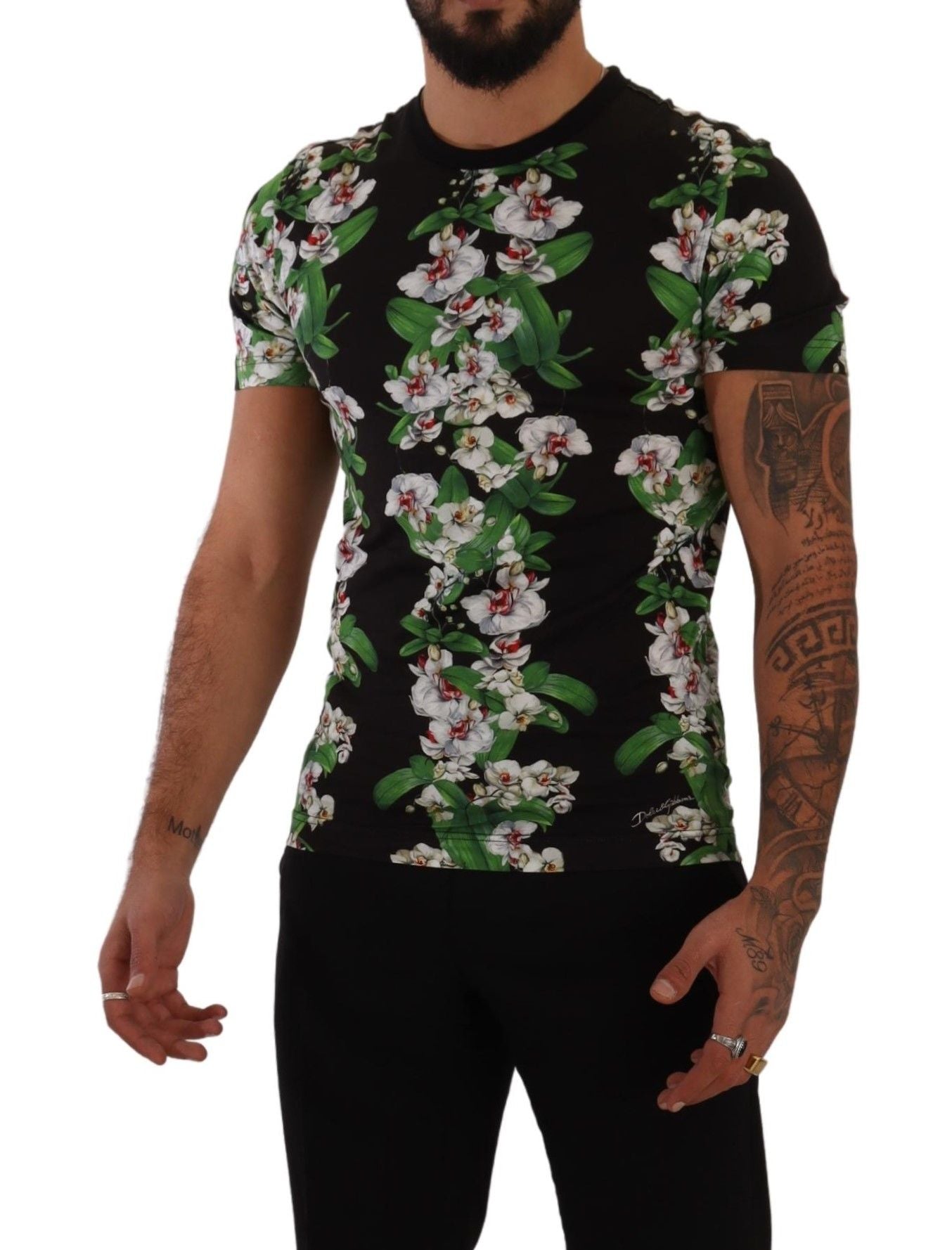 Black Floral Print Crewneck T-shirt - ventzia