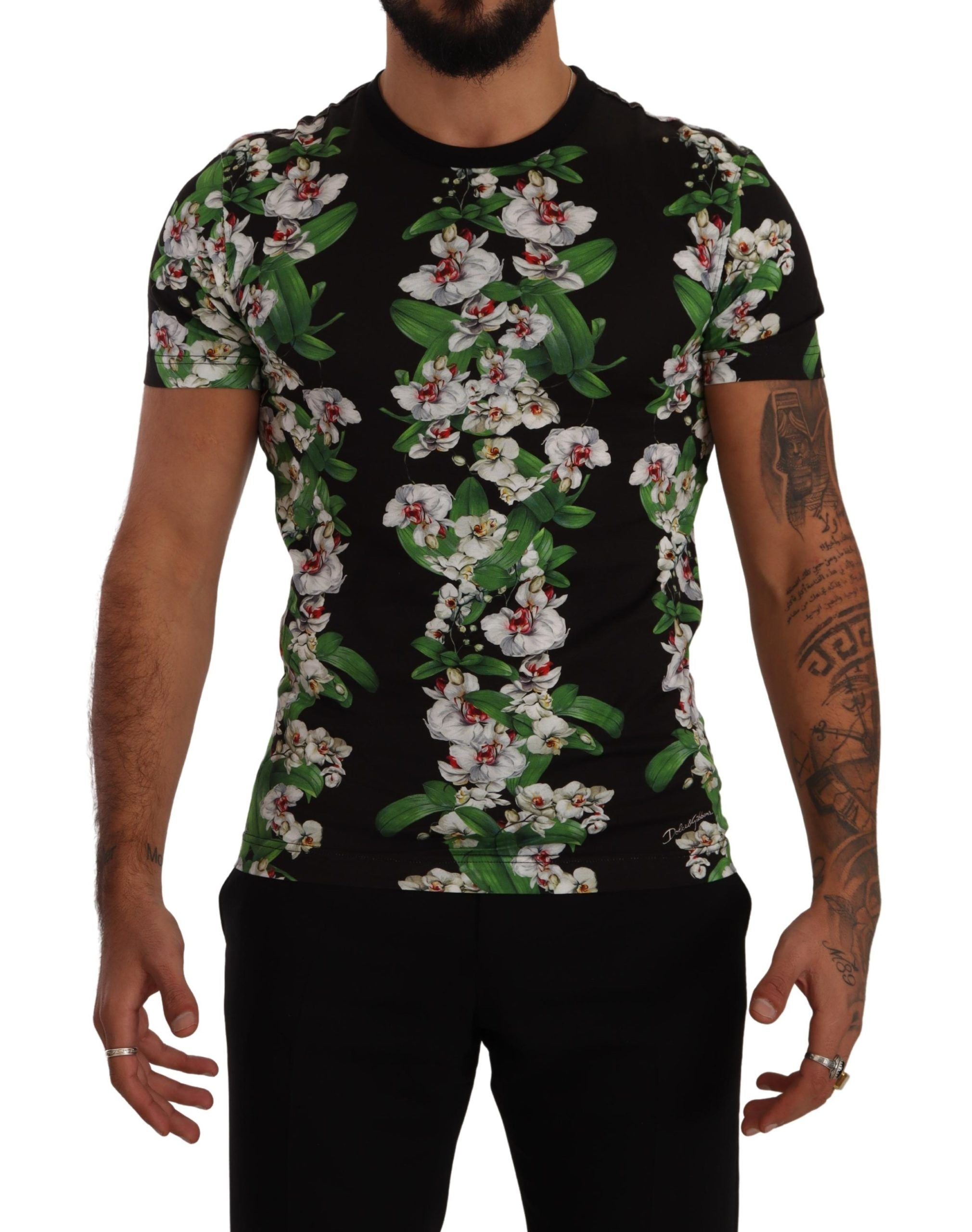 Black Floral Print Crewneck T-shirt - ventzia