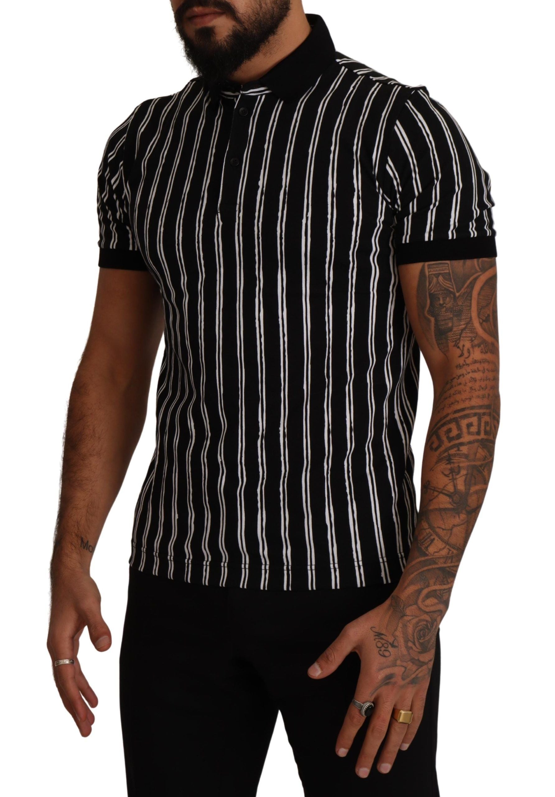 Black White Striped Polo Short Sleeve T-shirt - ventzia