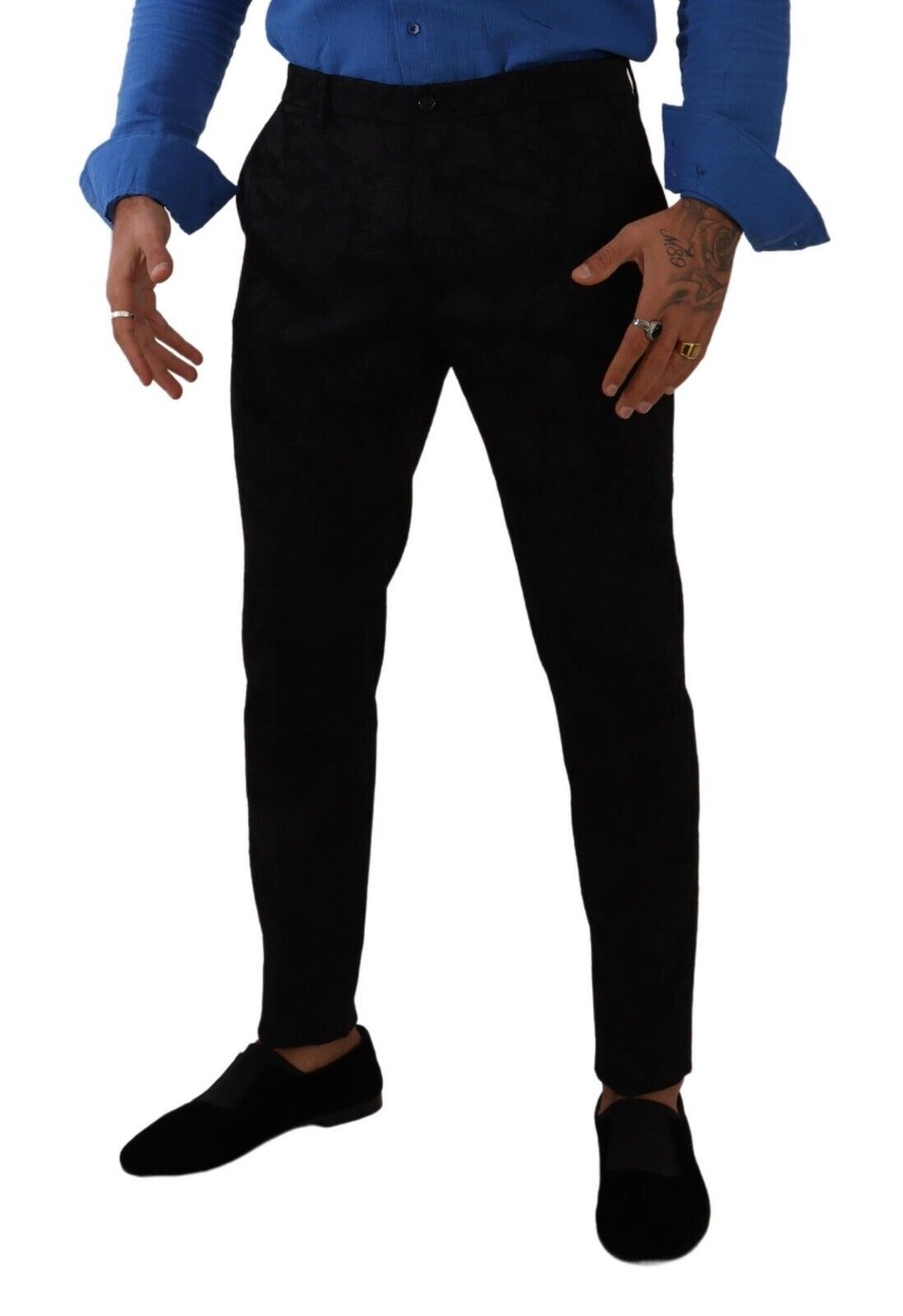 Black Brocade Skinny Formal Trouser Dress Pants - ventzia